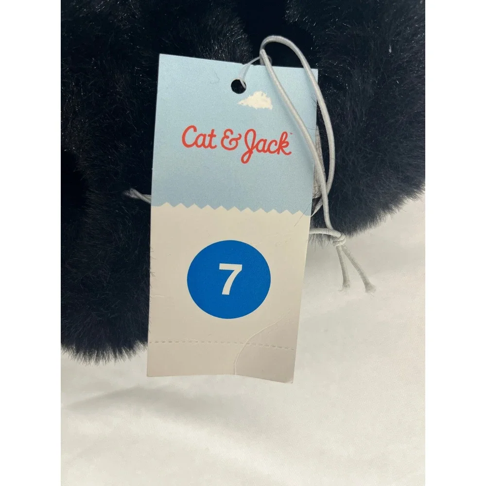 Cat & Jack Toddler Girls Black Faux Fur Trim Suede Slippers Size 7‎ NWT